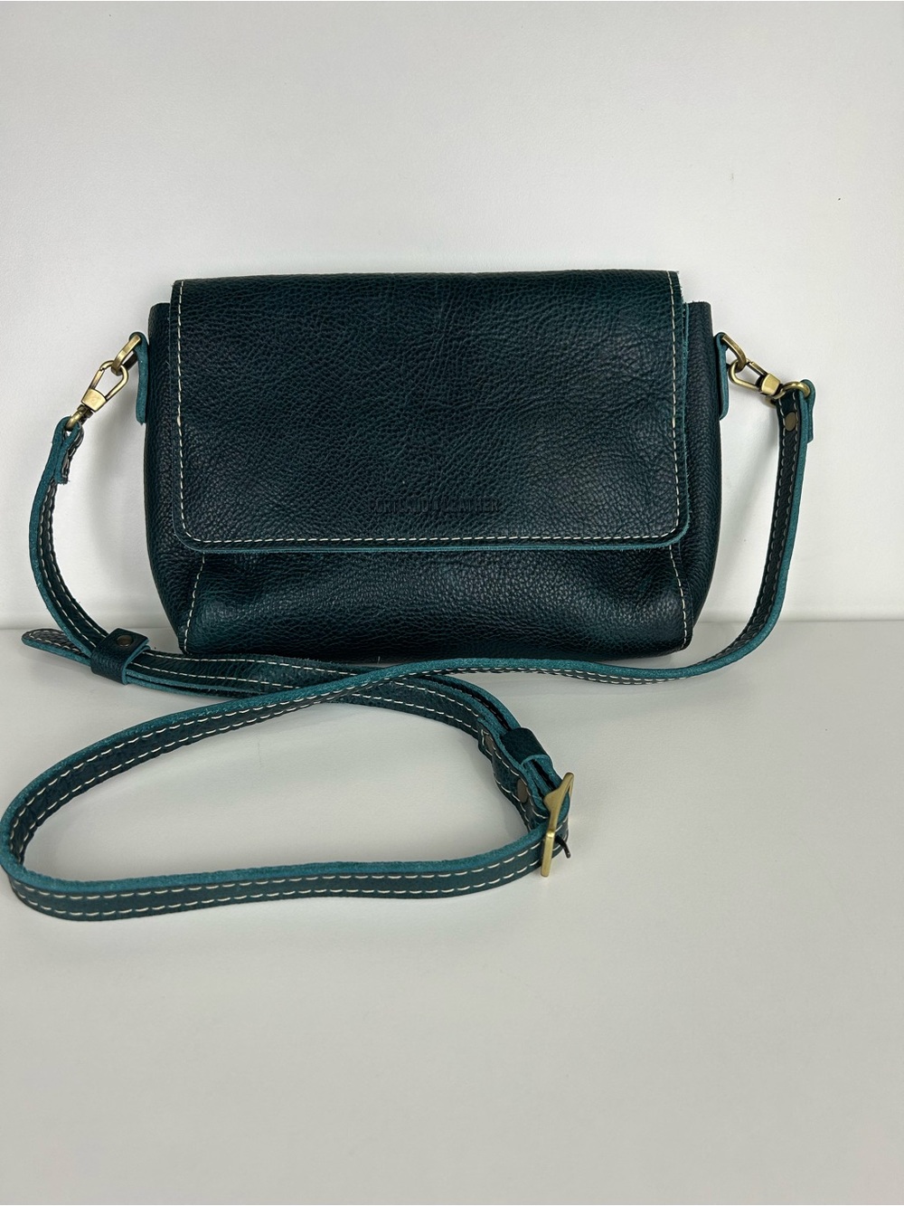 PORTLAND LEATHER GOODS TEAL BLUE GREEN PEBBLED LEATHER CROSSBODY